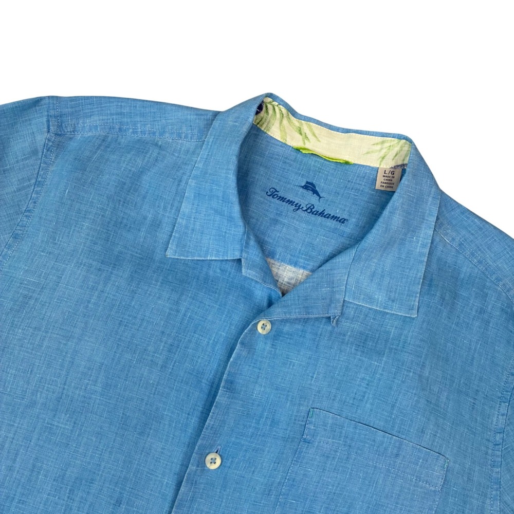 Tommy Bahama Men Large Blue 100% Linen Short Sleeve Camp Collar Shirt Breathable